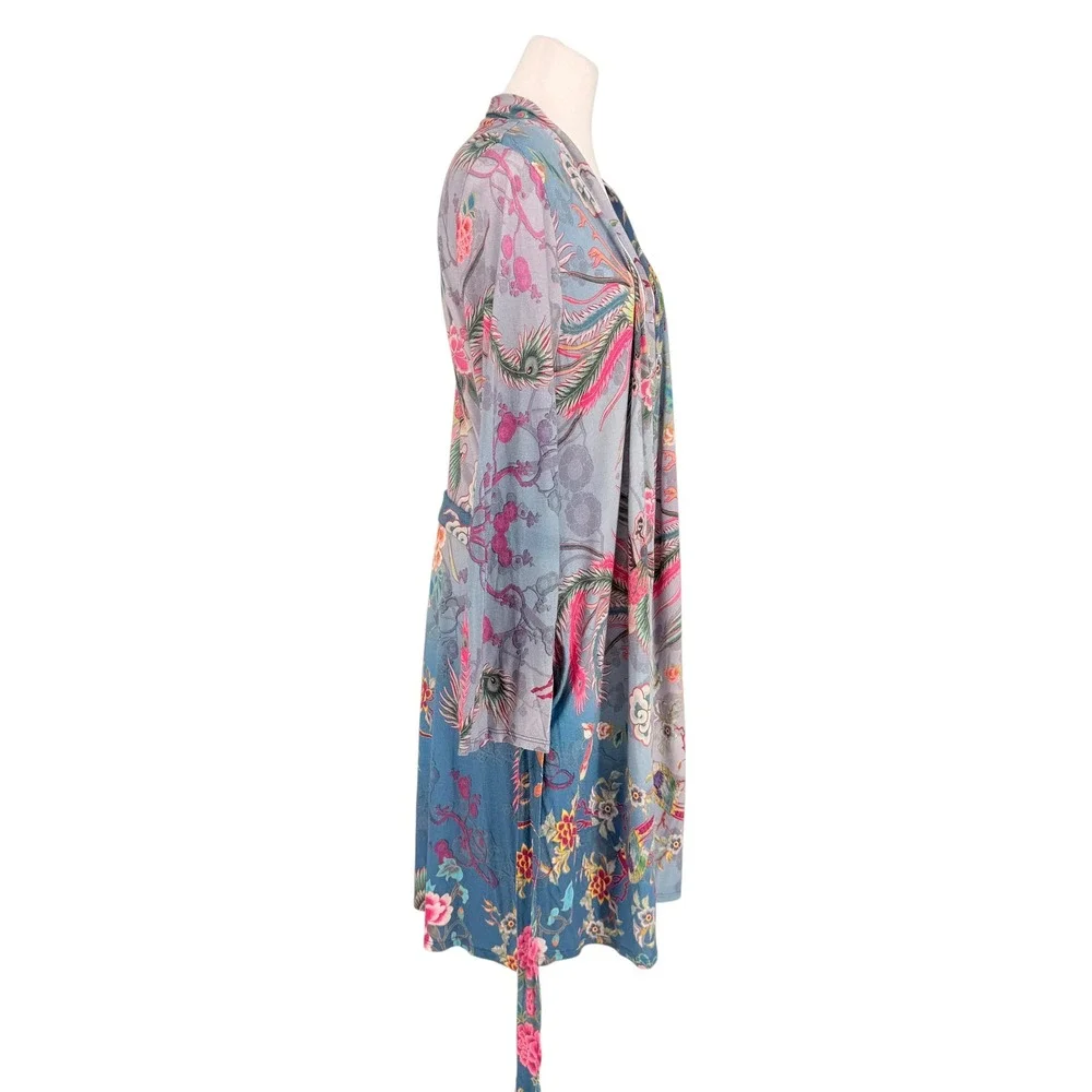 Johnny Was Women M Phoenix Floral Pima Cotton Modal Robe Kimono Blue Pockets